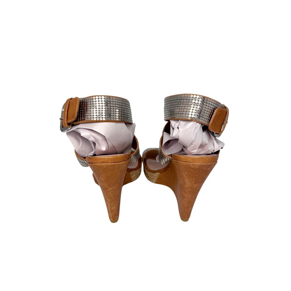 Stuart Weitzman Vintage Tan Leather Silver Chainmail Espadrille Wedge 8M W69188 - Picture 5 of 14